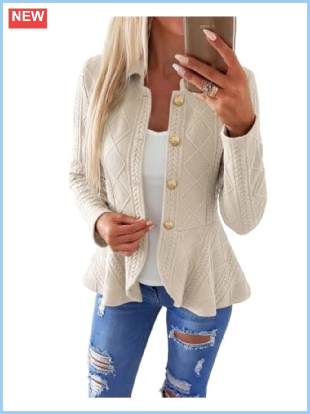 Cable Knit Button Front Ruffle Hem Lightweight Cardigan for Women